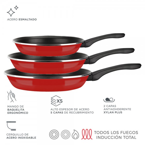 Set 3 sartenes optimax rojo mate ø20 / ø24 / ø28 cm