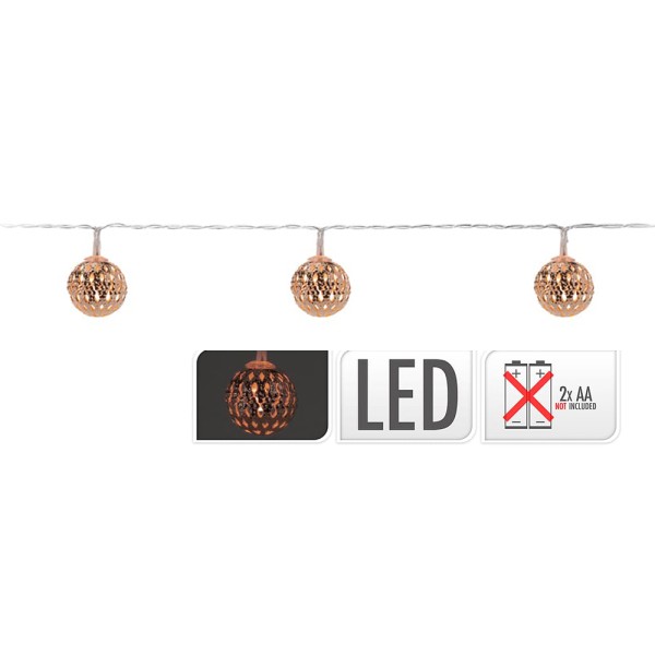 Guirnalda a pilas, función fija, uso interior, con bolas, blanco cálido, 10 leds, 1,30 m, cobre